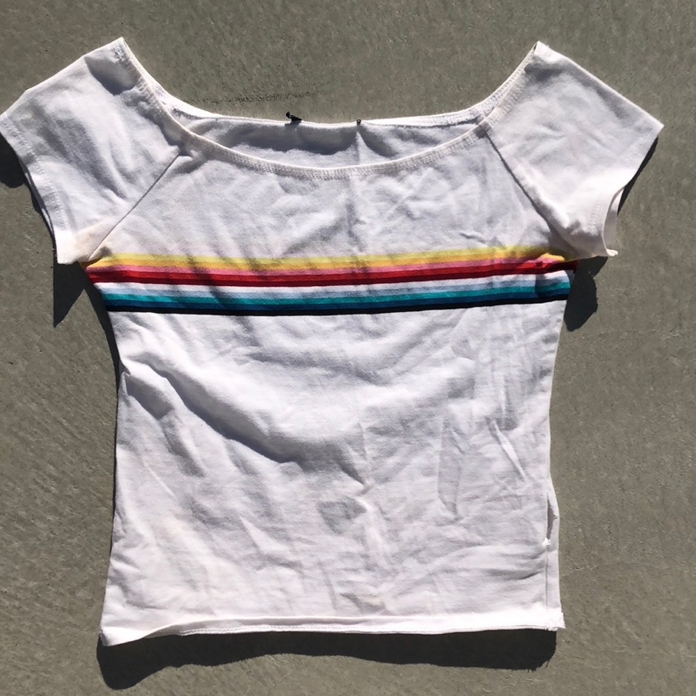 Cute Slightly Off-the-shoulder top with Rainbow Stripe Across Bodice